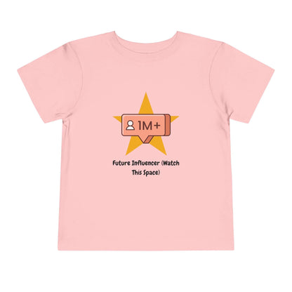 Pink toddler t-shirt with 'Future Influencer' print, star graphic, and social media icon, made from 100% Airlume cotton.