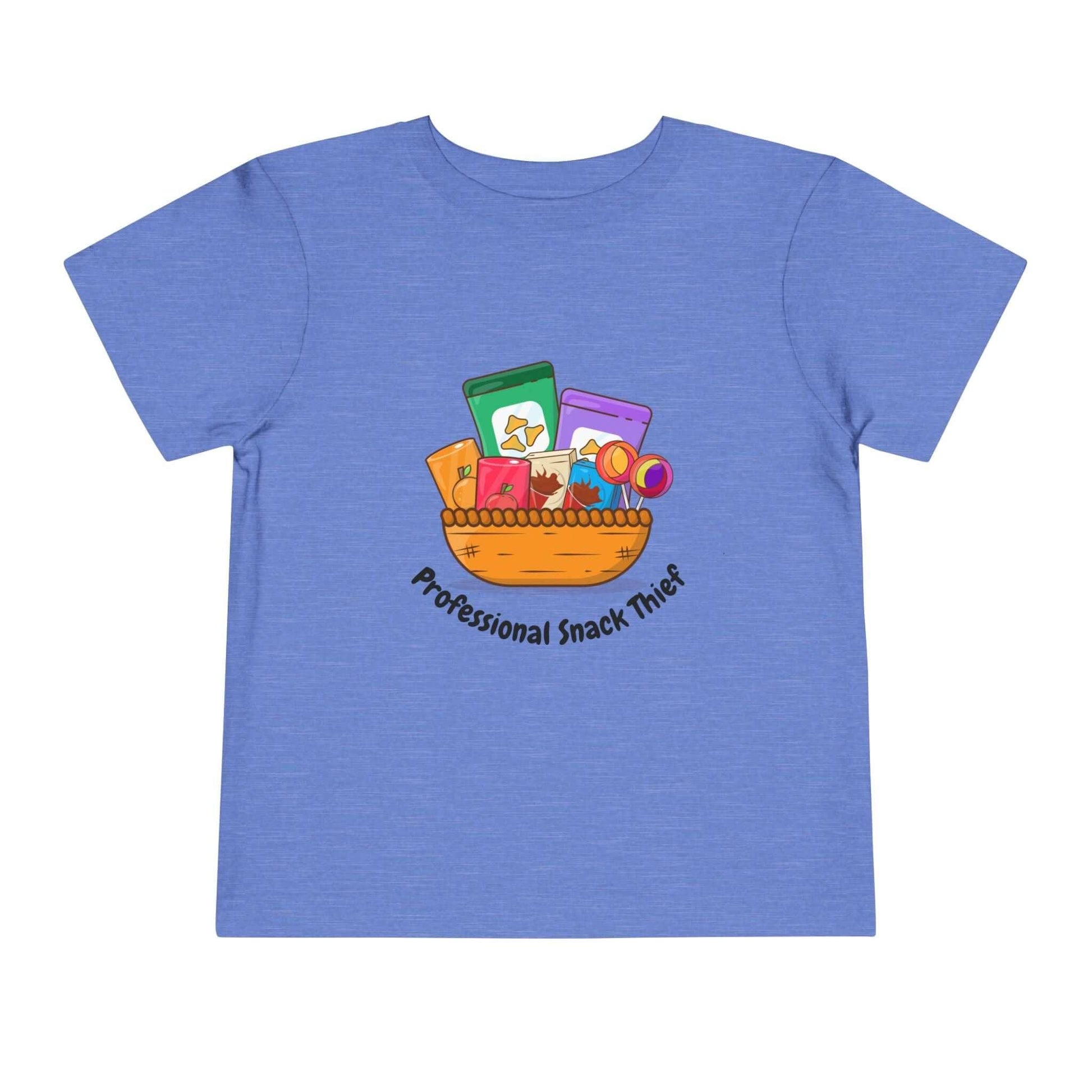 Blue toddler t-shirt with 'Professional Snack Thief' design and colorful snack illustrations, made from 100% airlume combed cotton.