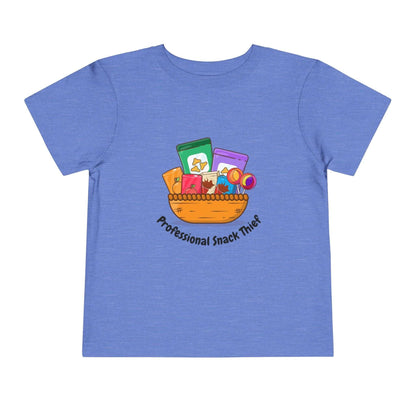 Blue toddler t-shirt with 'Professional Snack Thief' design and colorful snack illustrations, made from 100% airlume combed cotton.