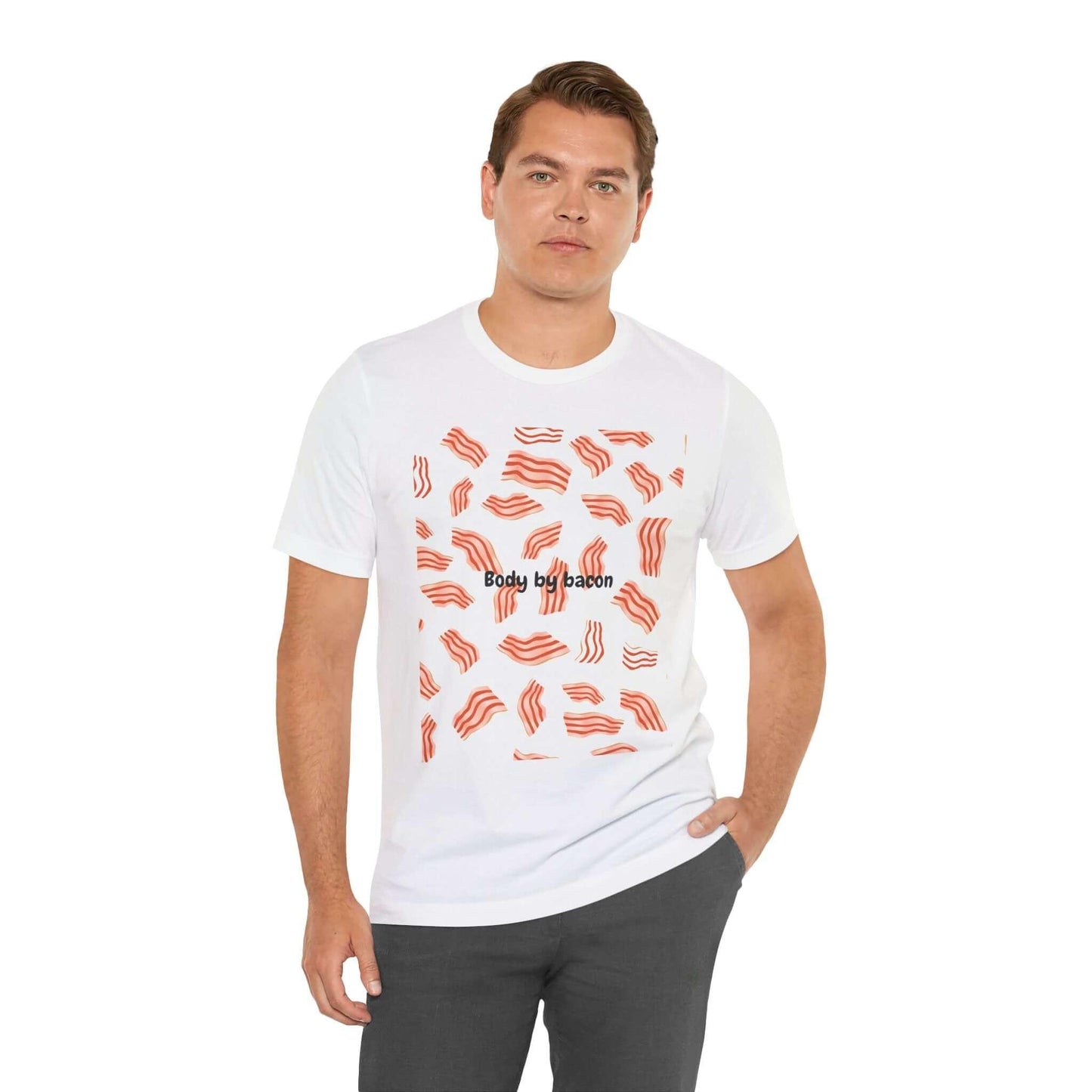 Men's funny 'Body by Bacon' t-shirt featuring a playful bacon print on a soft white jersey fabric.