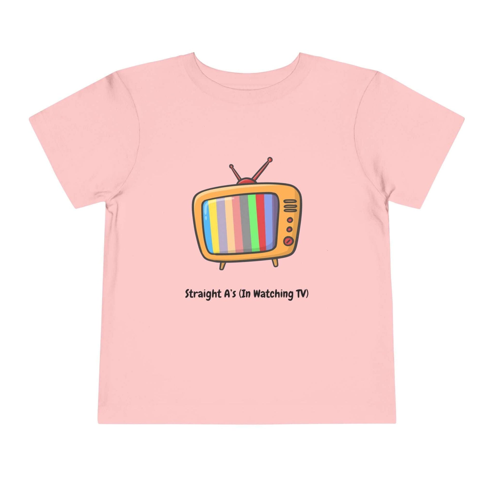 Pink toddler t-shirt with retro TV graphic and 'Straight A's in Watching TV' text, 100% Airlume cotton, fun and comfortable.