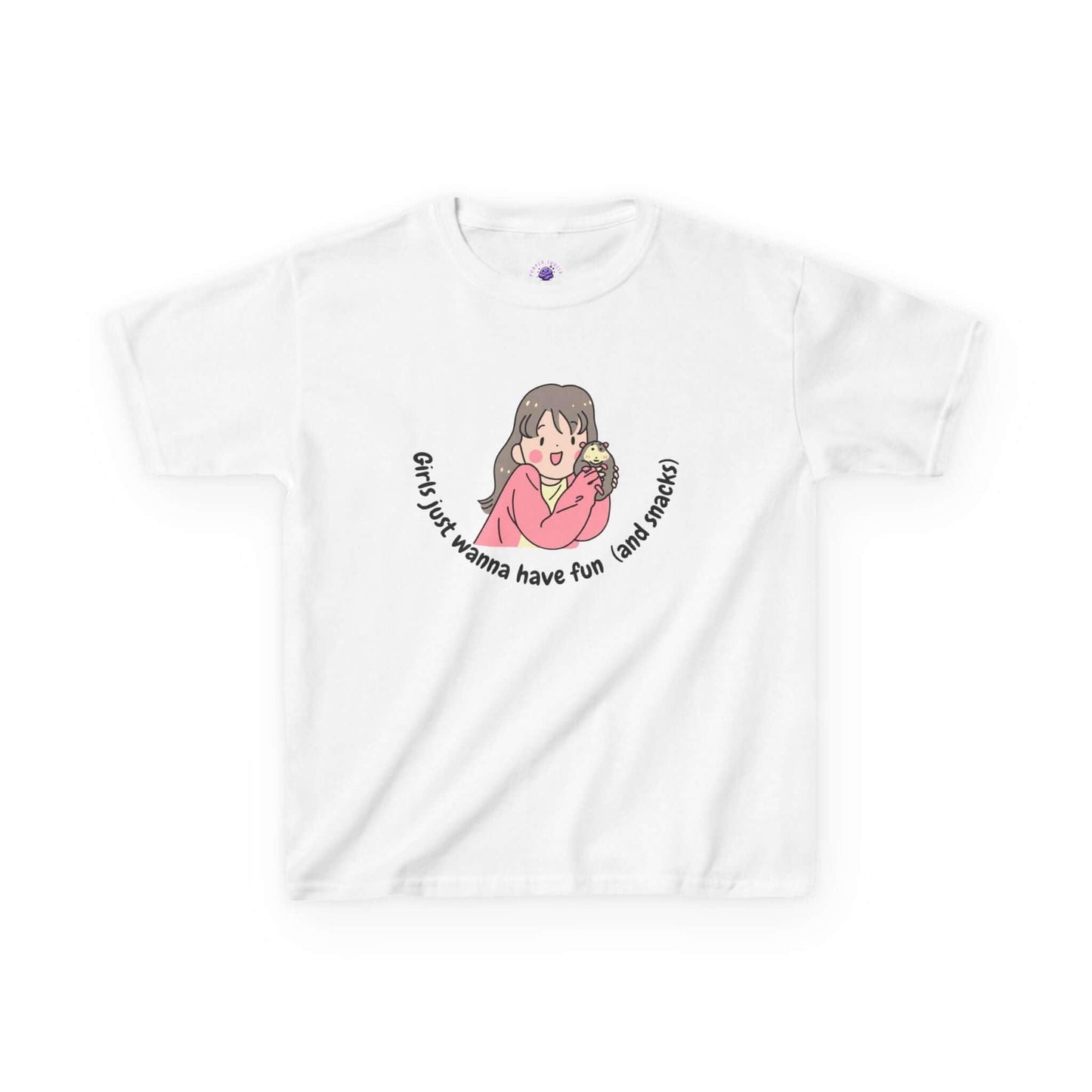 Kids Funny T-Shirt featuring cartoon girl and text "Girls just wanna have fun (and snacks)" on a white background.