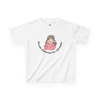 Kids Funny T-Shirt featuring cartoon girl and text "Girls just wanna have fun (and snacks)" on a white background.