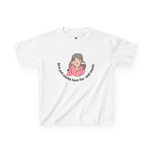 Kids Funny T-Shirt featuring cartoon girl and text "Girls just wanna have fun (and snacks)" on a white background.