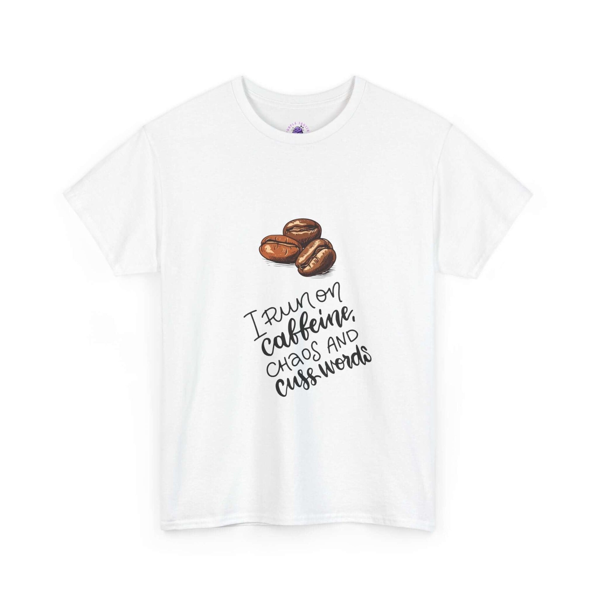 Funny coffee-themed t-shirt for women with text 'I run on caffeine, chaos and cuss words', featuring coffee beans graphic.