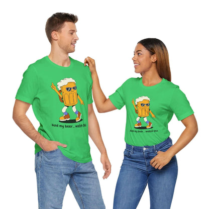 Couples wearing green t-shirts featuring a dancing beer mug with sunglasses and the slogan 'Hold my beer... watch this'.