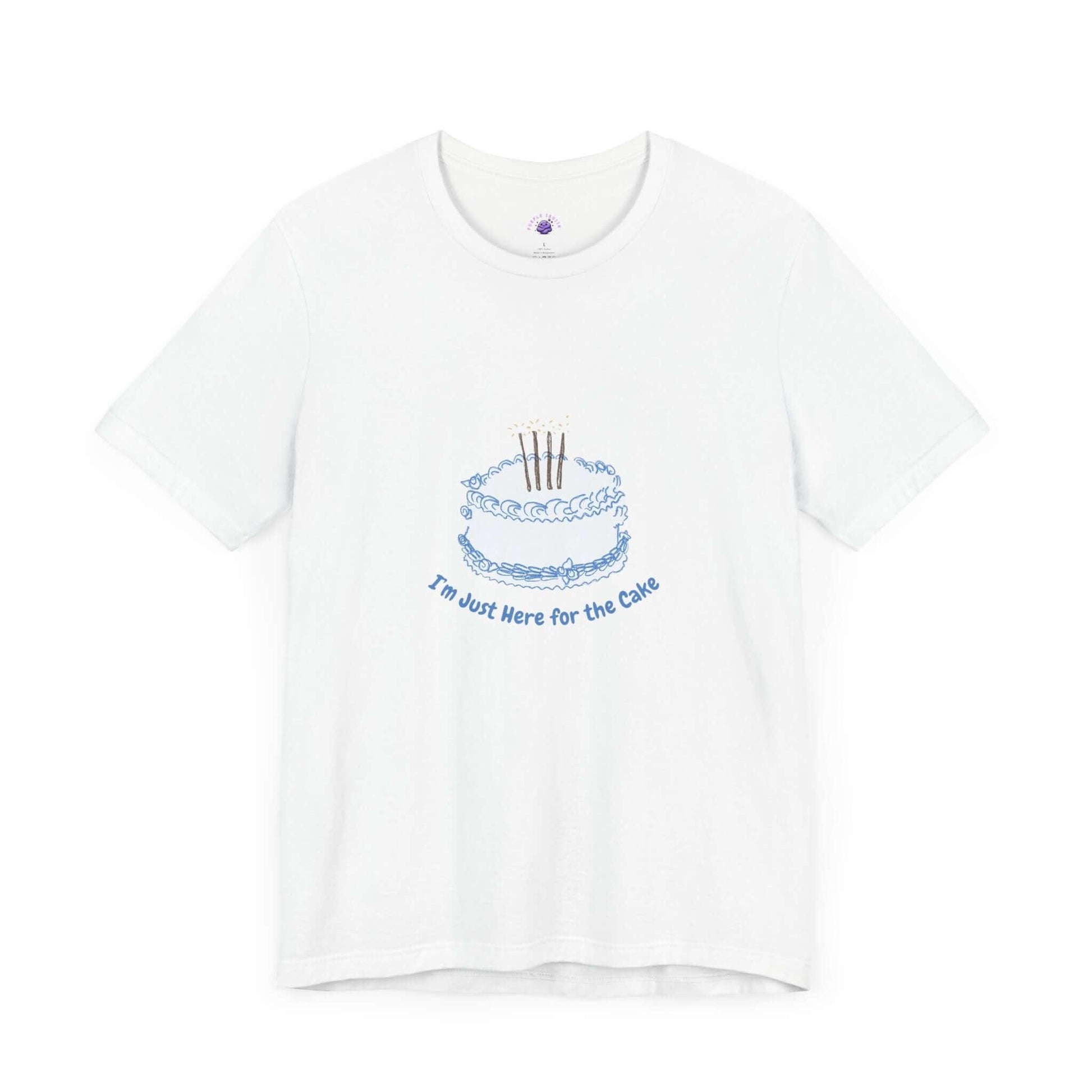 Women's funny t-shirt with 'I'm Just Here for the Cake' text and cake graphic. Soft cotton, classic fit with ribbed knit collar.