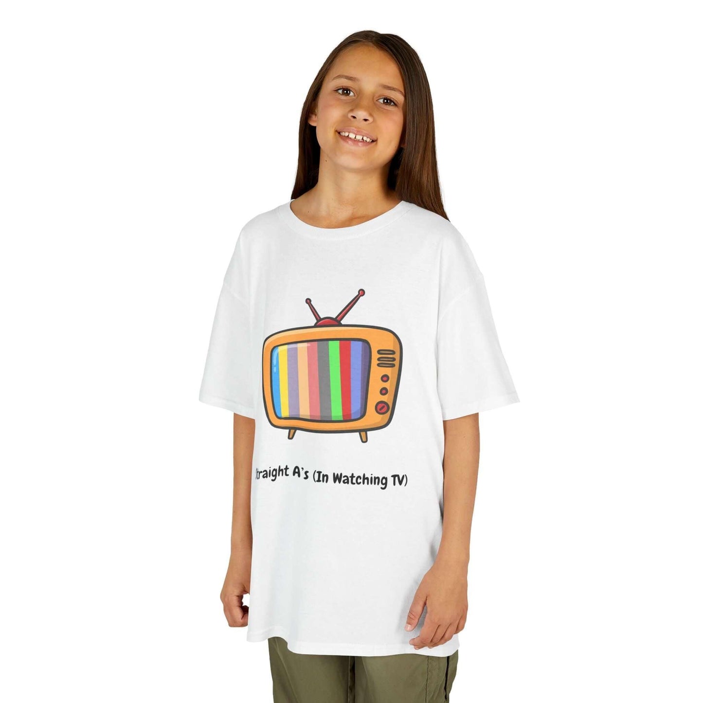 Kid wearing a funny white t-shirt with retro TV graphic and 'Straight A's in Watching TV' print, perfect for everyday wear.