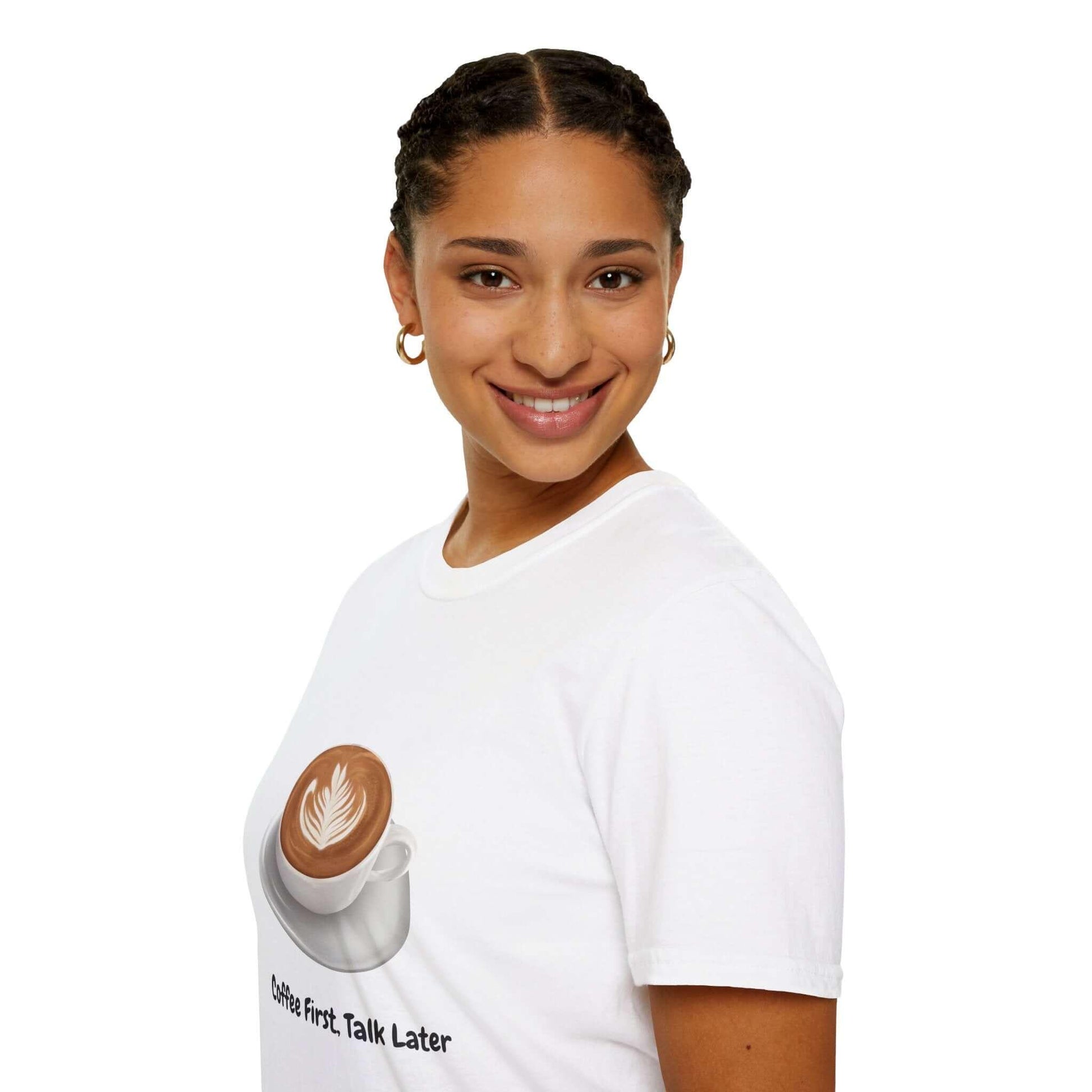 Woman modeling a 'Coffee First Talk Later' t-shirt with a coffee cup graphic, 100% cotton, funny and comfortable casual wear.