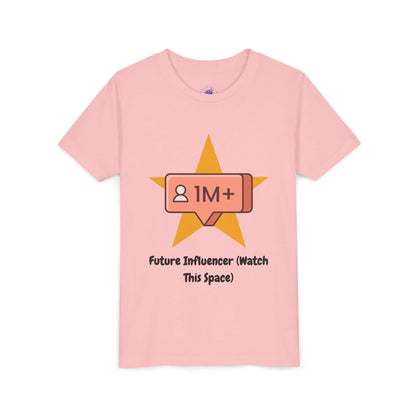 Funny t-shirt for kids, pink with Future Influencer design featuring a star and 1M+ graphic, lightweight short-sleeve tee.