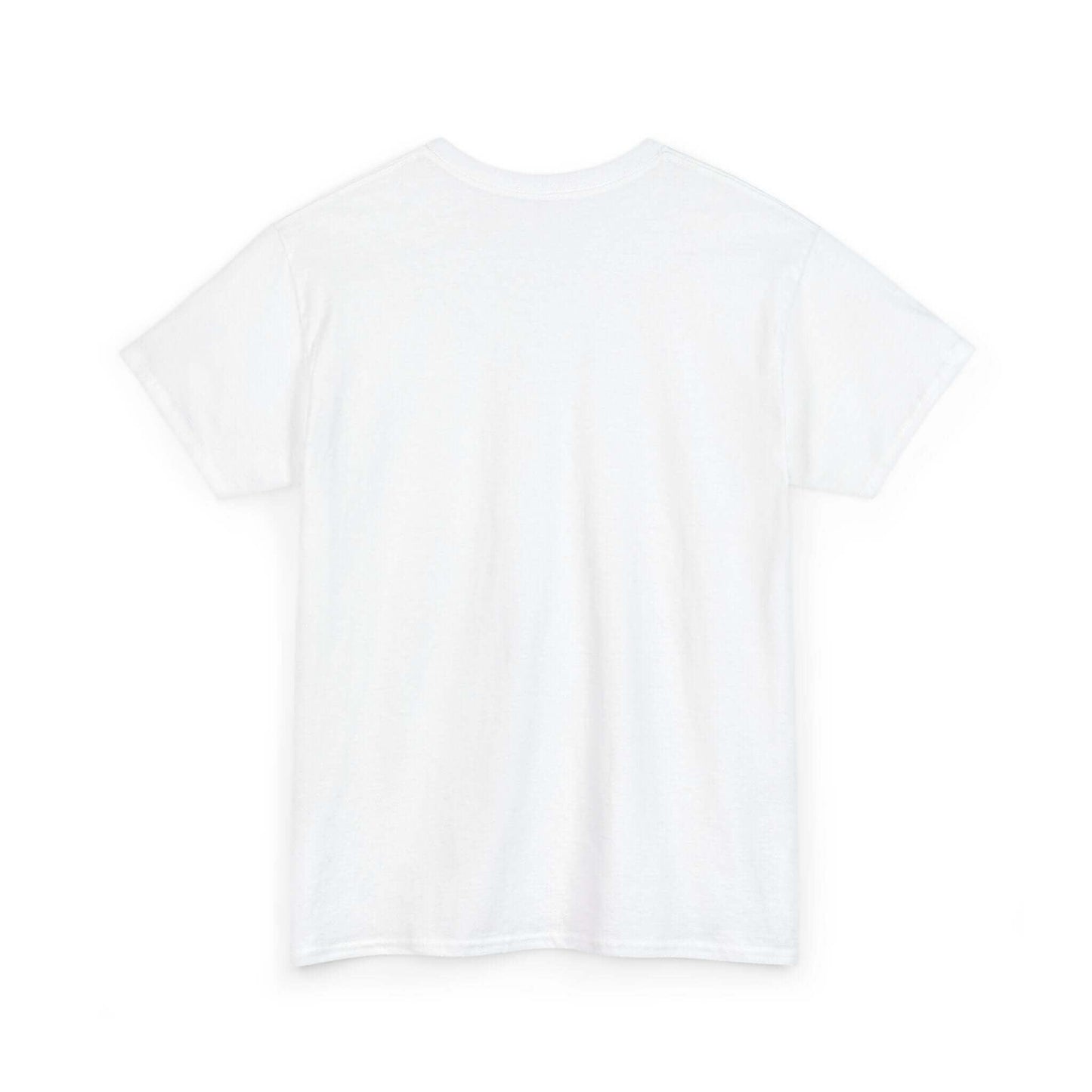 Back view of a plain white unisex cotton T-shirt highlighting no side seams and taped shoulders for comfort.