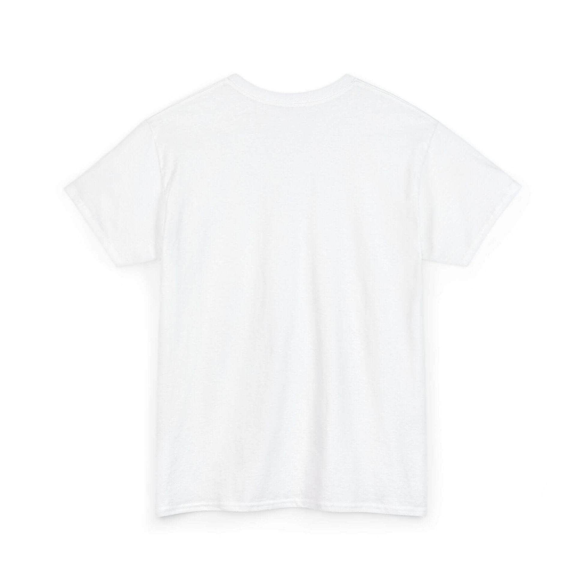 Back view of a plain white unisex cotton T-shirt highlighting no side seams and taped shoulders for comfort.