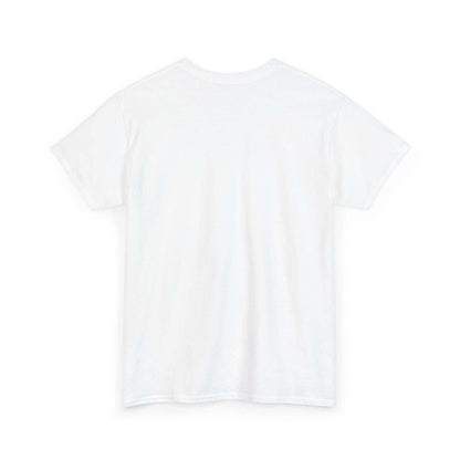 Back view of a plain white unisex cotton T-shirt highlighting no side seams and taped shoulders for comfort.