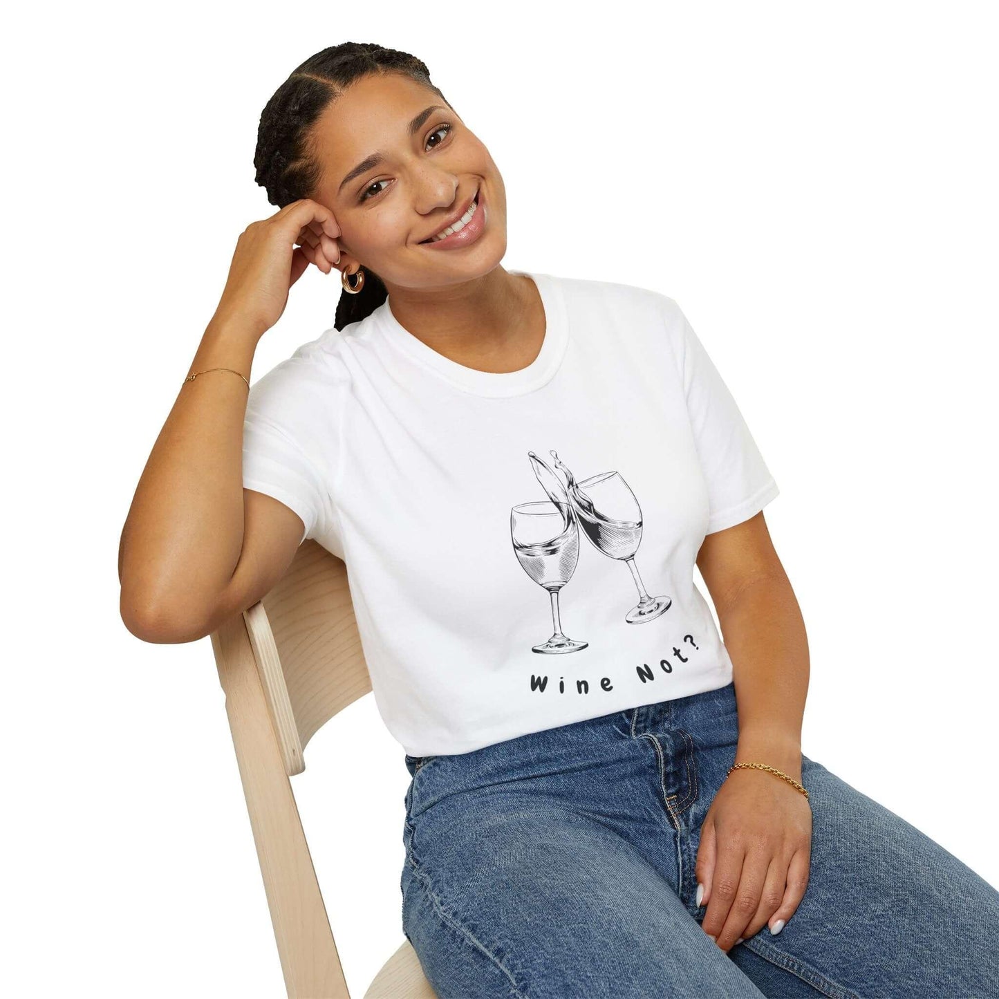 Woman wearing a funny t-shirt with 'Wine Not?' slogan and wine glasses graphic. Casual, soft-style comfort for women.