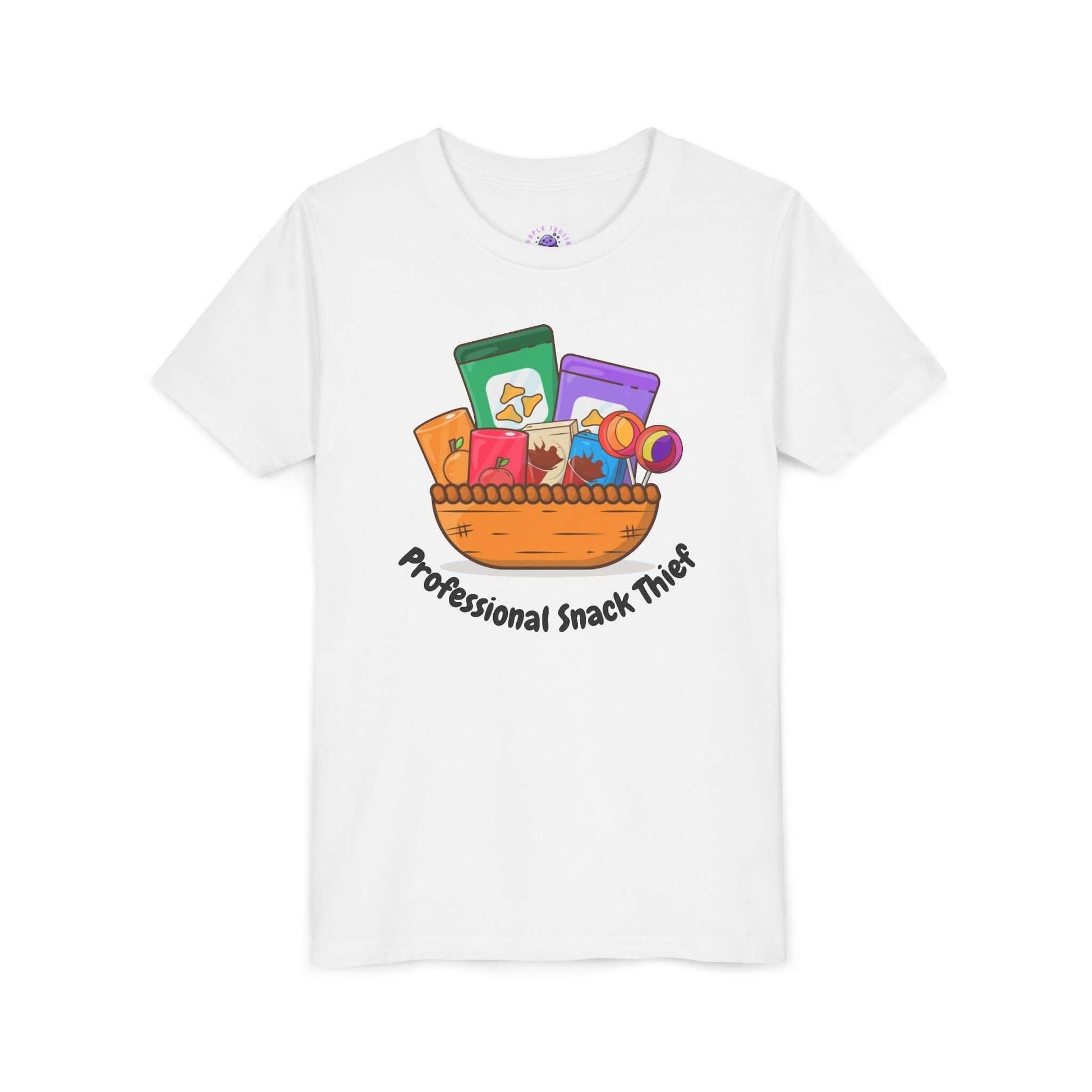 Funny kids t-shirt with "Professional Snack Thief" design, featuring colorful snack graphics, lightweight and comfortable material.