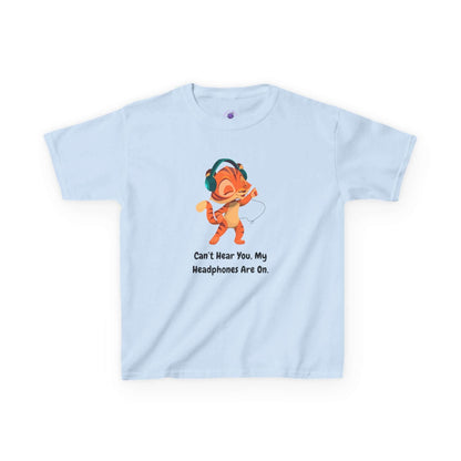 Funny kids t-shirt with cartoon character wearing headphones and text "Can't Hear You, My Headphones Are On" in light blue.