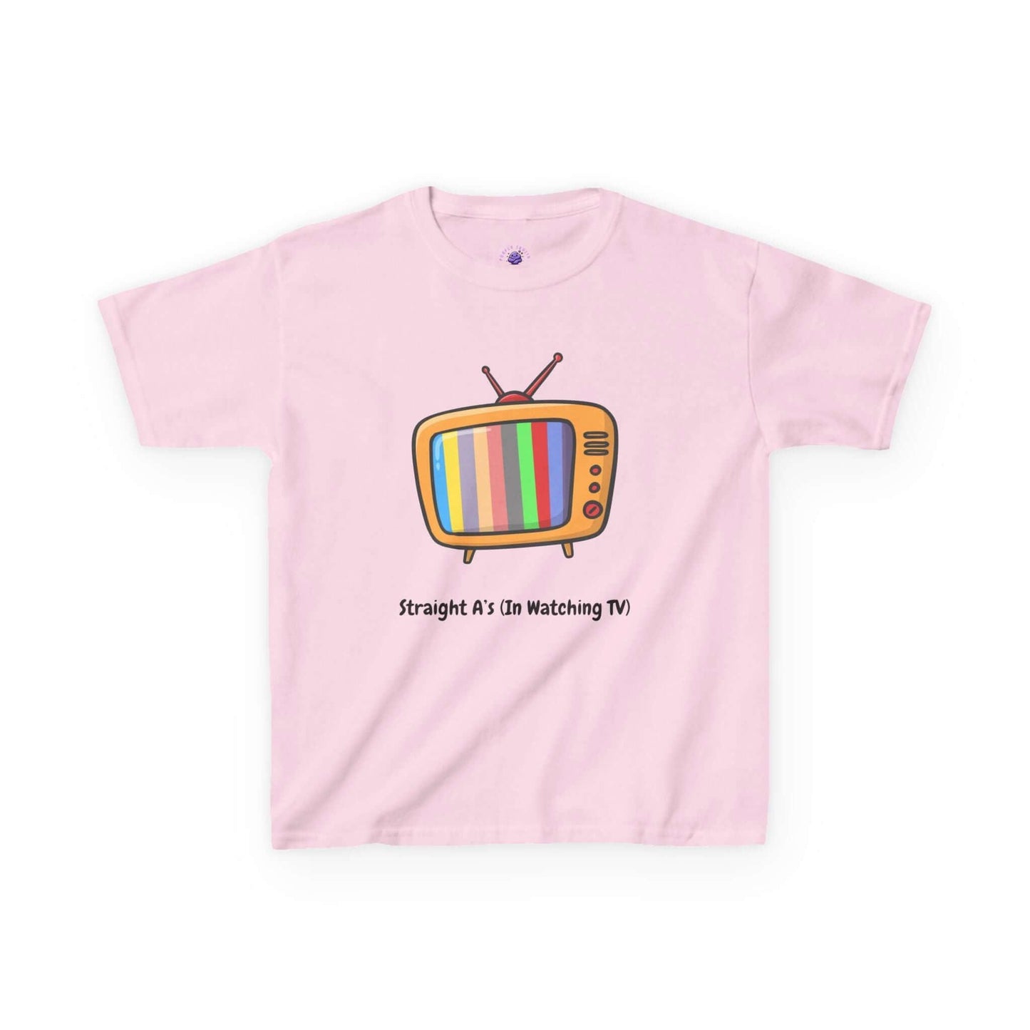 Funny kids t-shirt with colorful TV illustration and message 'Straight A's in Watching TV' on pink cotton fabric, durable design