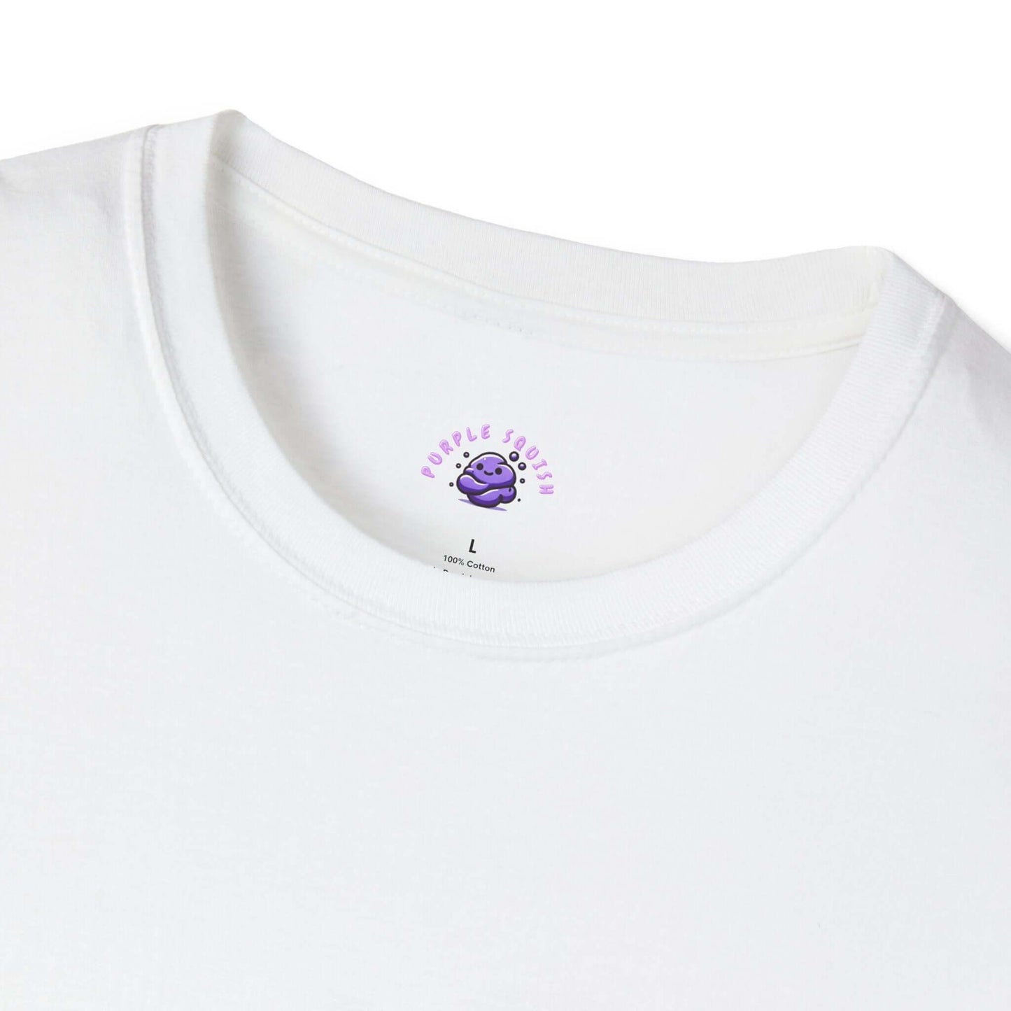 Close-up of a white t-shirt neck with Purple Squid logo on the label, showcasing soft cotton fabric and durability.