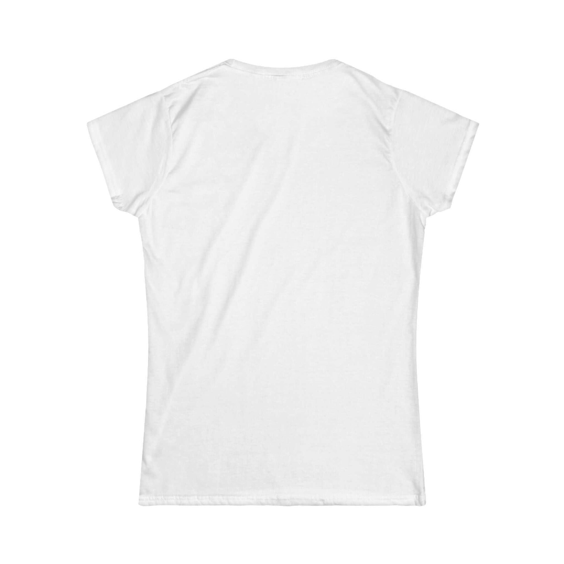 Back view of women's funny T-shirt in white, 100% ringspun cotton, with feminine short sleeves and reinforced collar seam.