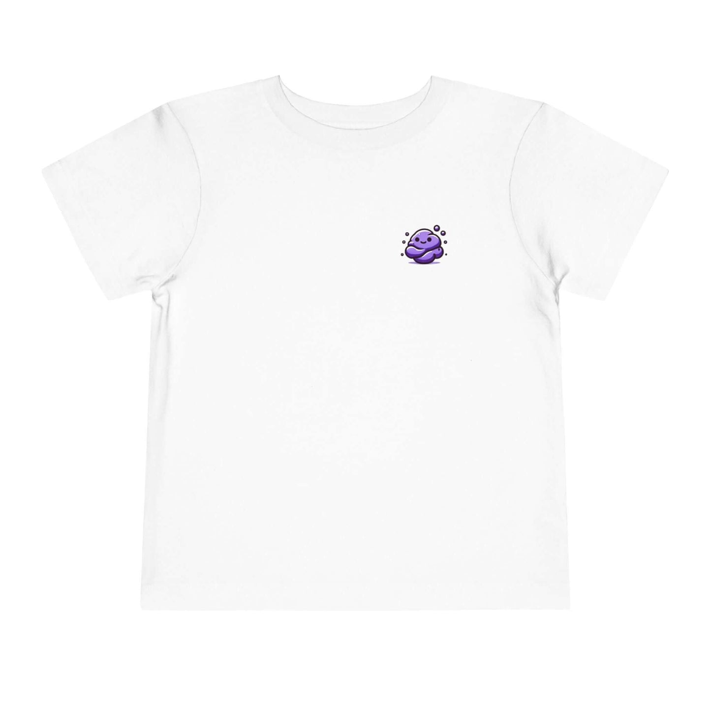 White toddler t-shirt with a purple squish cartoon, funny design for kids, made from 100% combed, ring-spun cotton, tear-away label