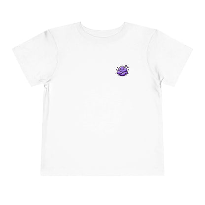 White toddler t-shirt with a purple squish cartoon, funny design for kids, made from 100% combed, ring-spun cotton, tear-away label