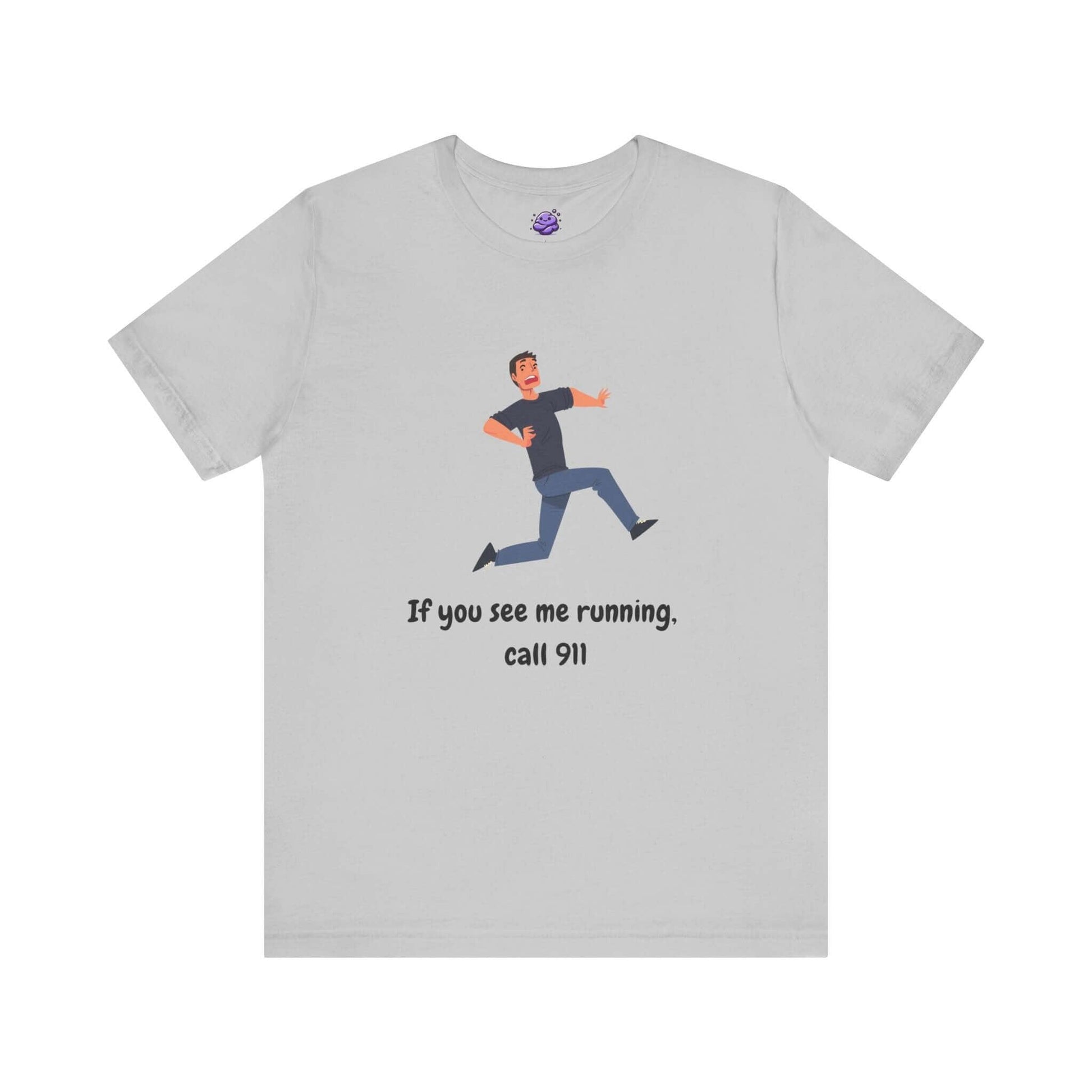 Funny gray t-shirt for men with a running character and the text 'If you see me running, call 911'.