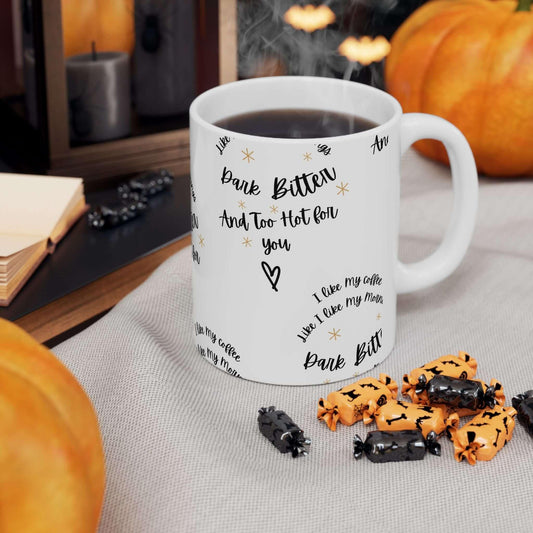 "I Like My Coffee" funny ceramic mug, 11oz, surrounded by Halloween candy and pumpkins, perfect for lively autumn mornings.