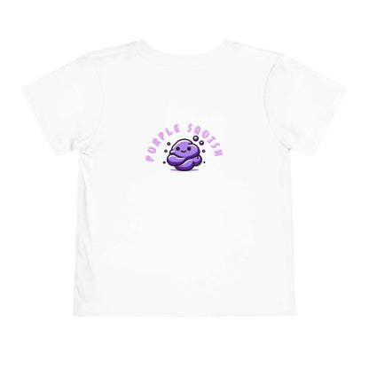 Back view of white toddler t-shirt featuring a cute purple squish character and text 'Purple Squish' in playful font.