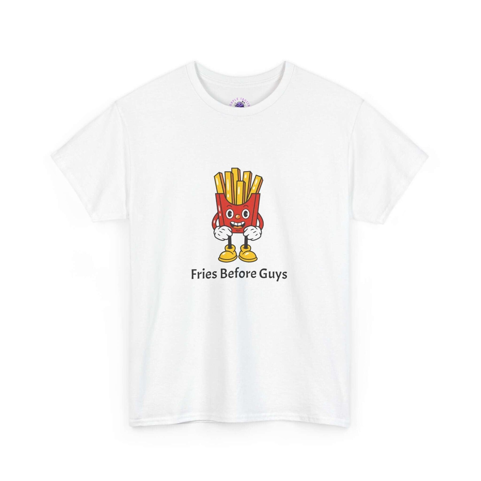 White 'Fries Before Guys' T-shirt for women featuring a cute fries character. Perfect humorous tee for food lovers and casual wear.