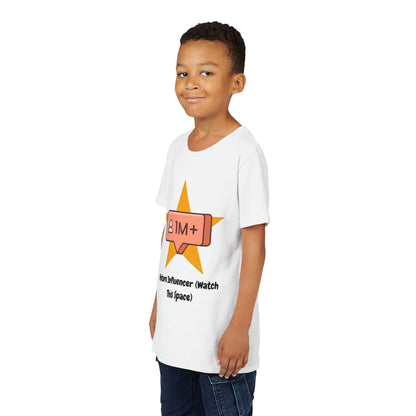 Child wearing a 'Future Influencer' funny t-shirt for kids, featuring a star and text design. Lightweight, comfortable youth tee.