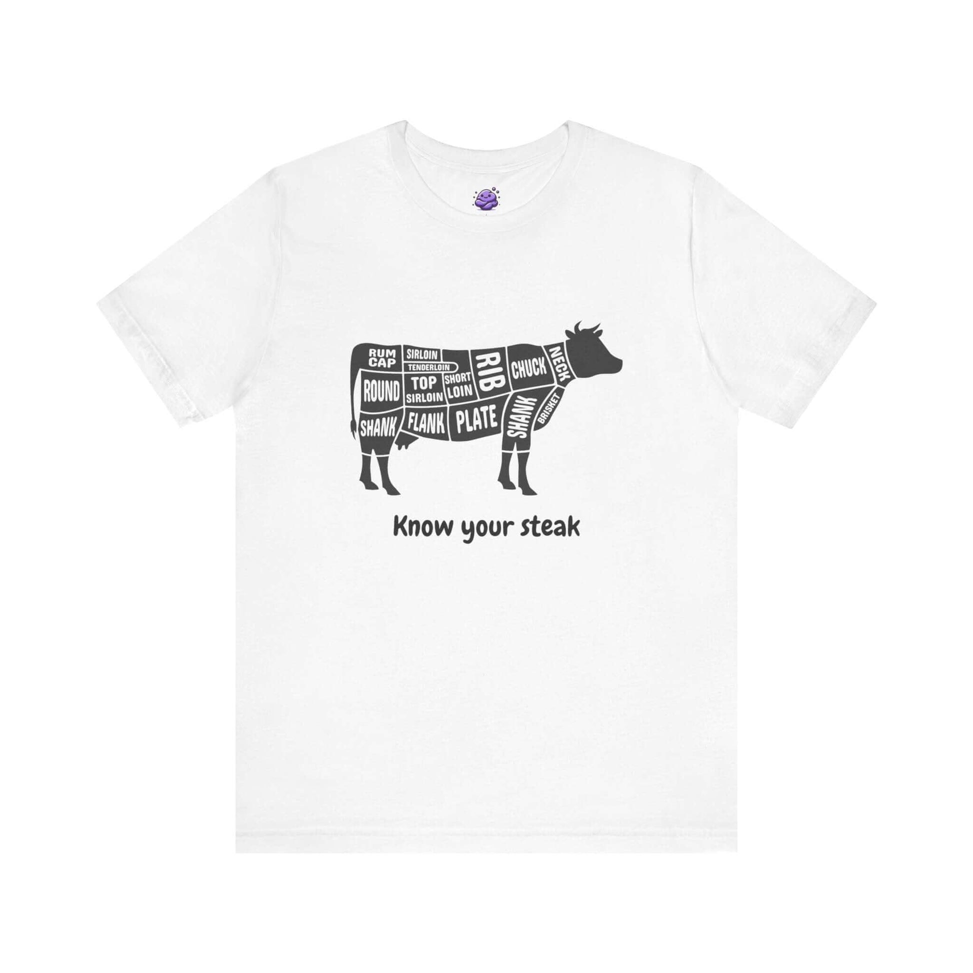 Know your Steak funny men's T-shirt with cow graphic, short sleeve, soft cotton, ribbed collar, tapered shoulders, meat lovers gift.