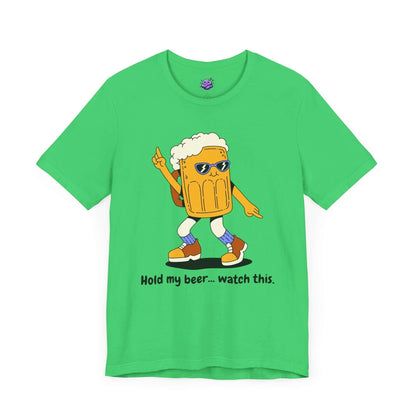 Funny couples T-shirt with dancing beer mug and slogan 'Hold my beer... watch this' on green background.