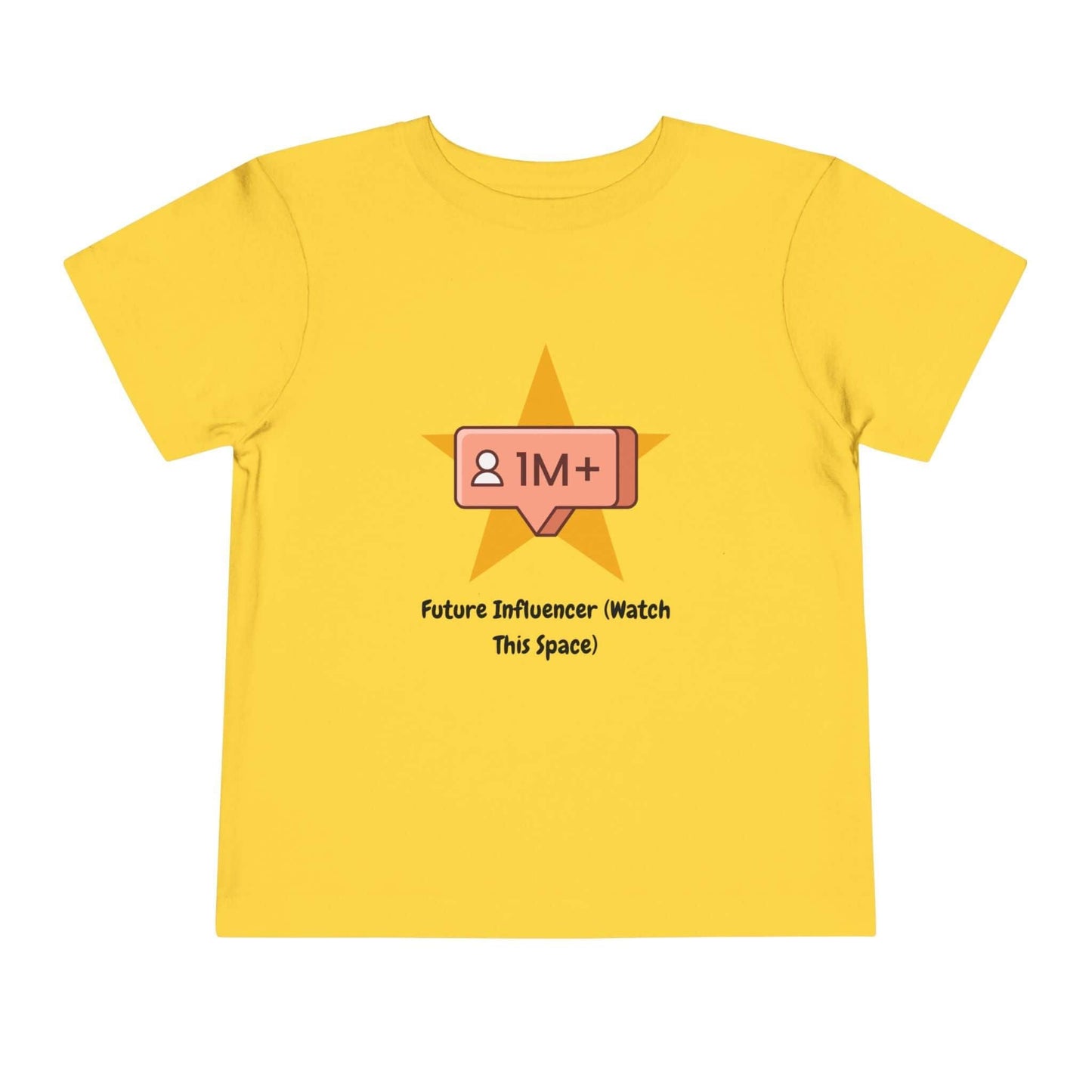 Yellow toddler t-shirt with 'Future Influencer' design, featuring a star and follower icon, made of 100% Airlume cotton.