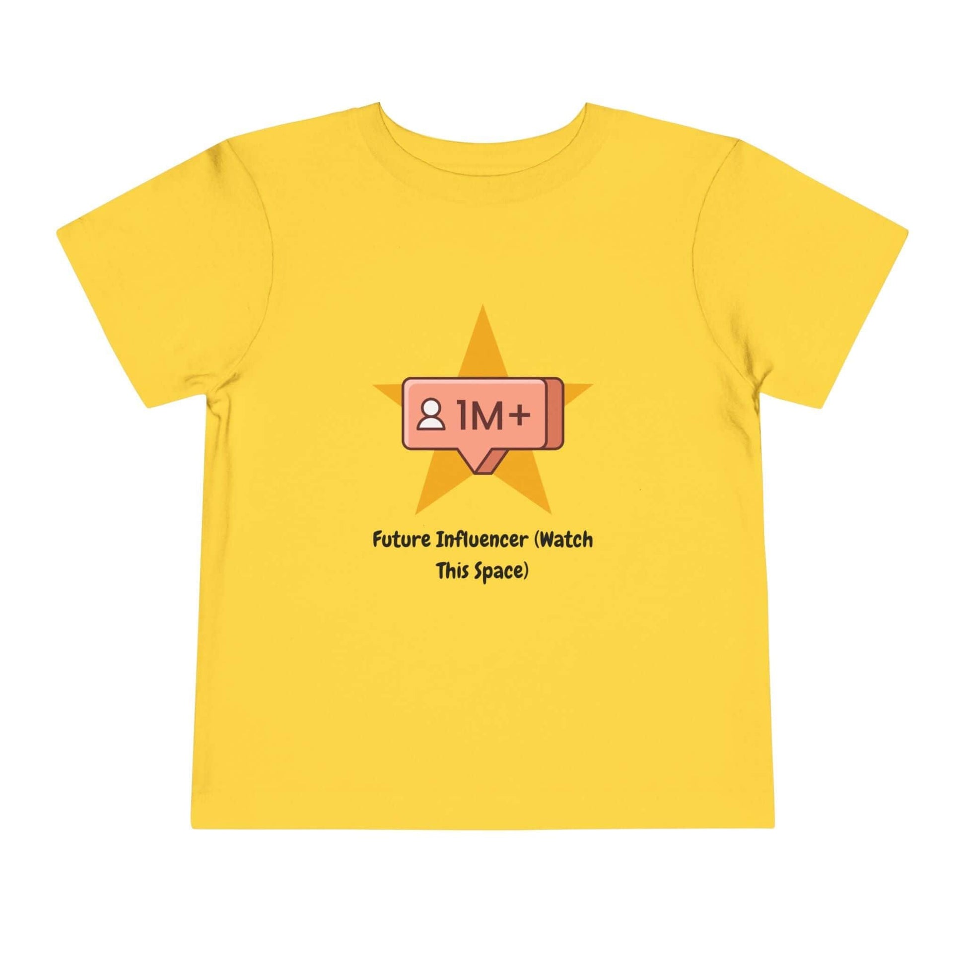 Yellow toddler t-shirt with 'Future Influencer' design, featuring a star and follower icon, made of 100% Airlume cotton.