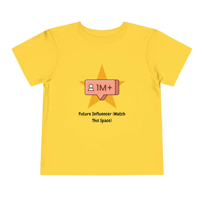 Yellow toddler t-shirt with 'Future Influencer' design, featuring a star and follower icon, made of 100% Airlume cotton.