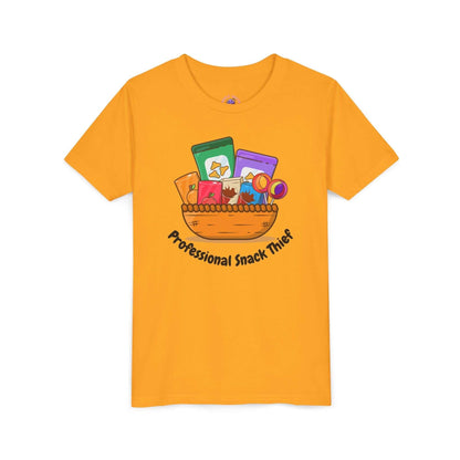 "Professional Snack Thief" funny kids' t-shirt, yellow with snack graphics, lightweight and comfortable youth short-sleeve tee.