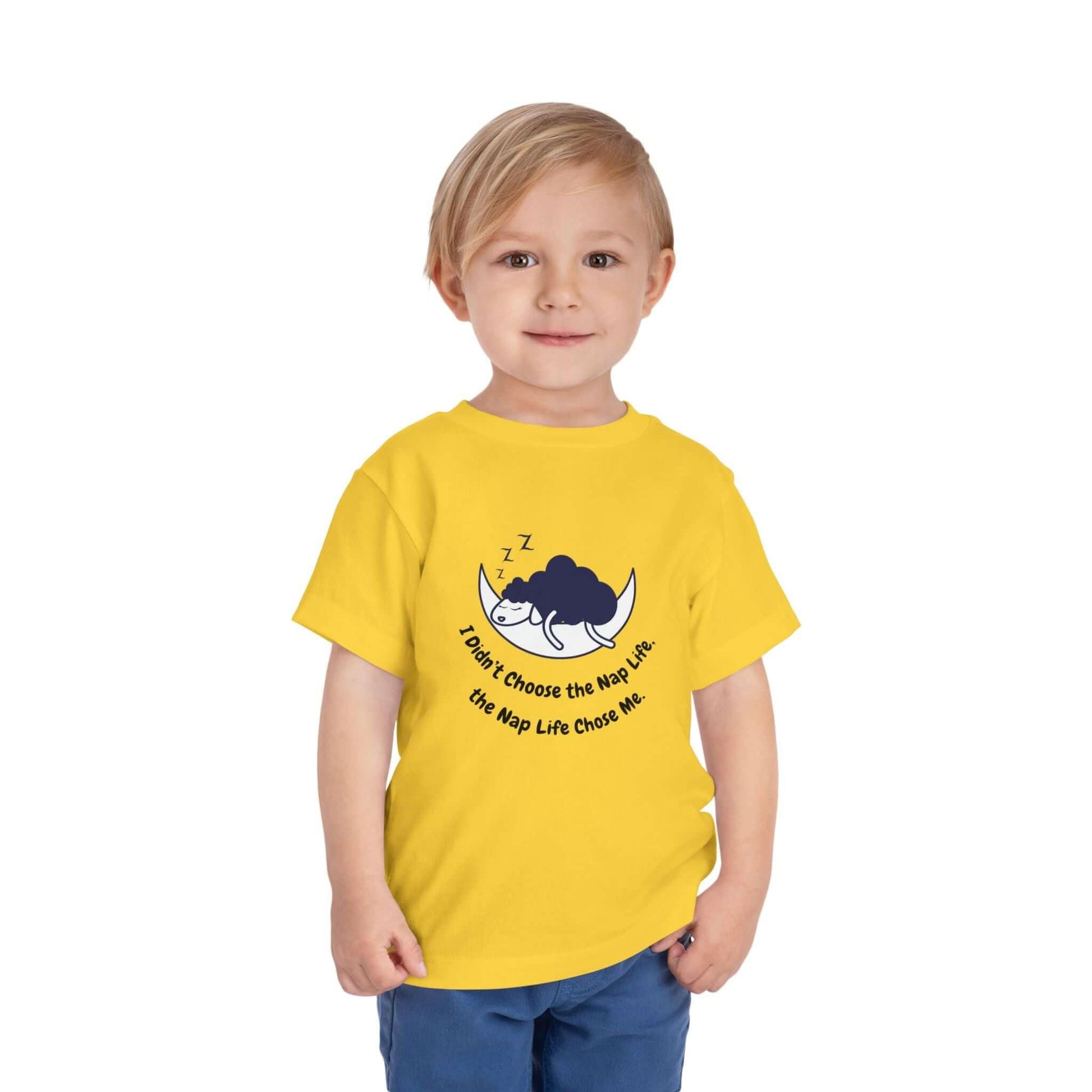 Toddler wearing a yellow "Nap Life" funny t-shirt, showcasing comfort and humor with 100% Airlume combed cotton, perfect for everyday wear.