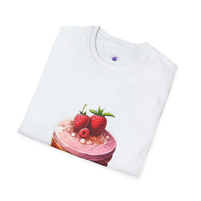 Eat Dessert First funny t-shirt for women featuring a cake graphic with strawberries on white cotton fabric, casual and comfortable.