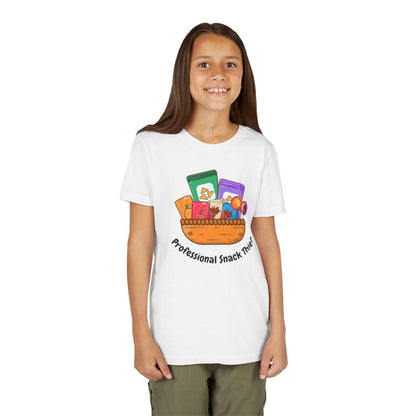 Child wearing a funny 'Professional Snack Thief' t-shirt with snack graphics.