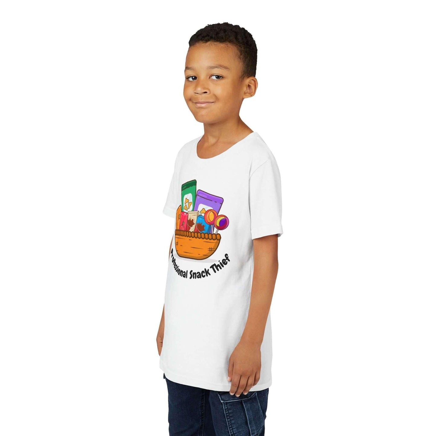 Young boy wearing a 'Professional Snack Thief' funny t-shirt for kids, featuring colorful snack graphics.