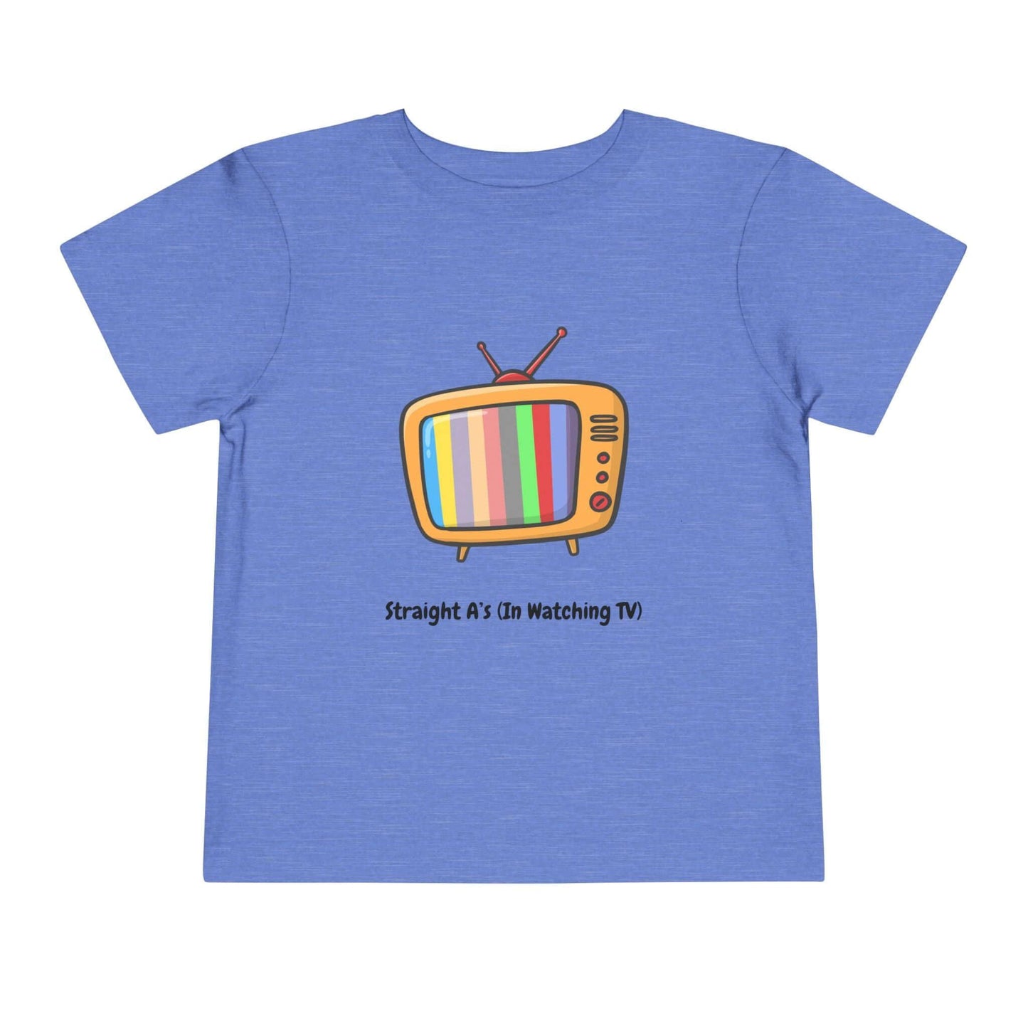 Funny toddler t-shirt with colorful vintage TV graphic and 'Straight A's in Watching TV' text on blue Bella Canvas fabric.