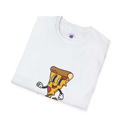 Fun white t-shirt with cartoon pizza slice graphic, "Pizza is My Love Language" design, perfect gift for women foodies.