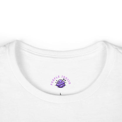 White women's t-shirt collar with Purple Skoop logo on tag.