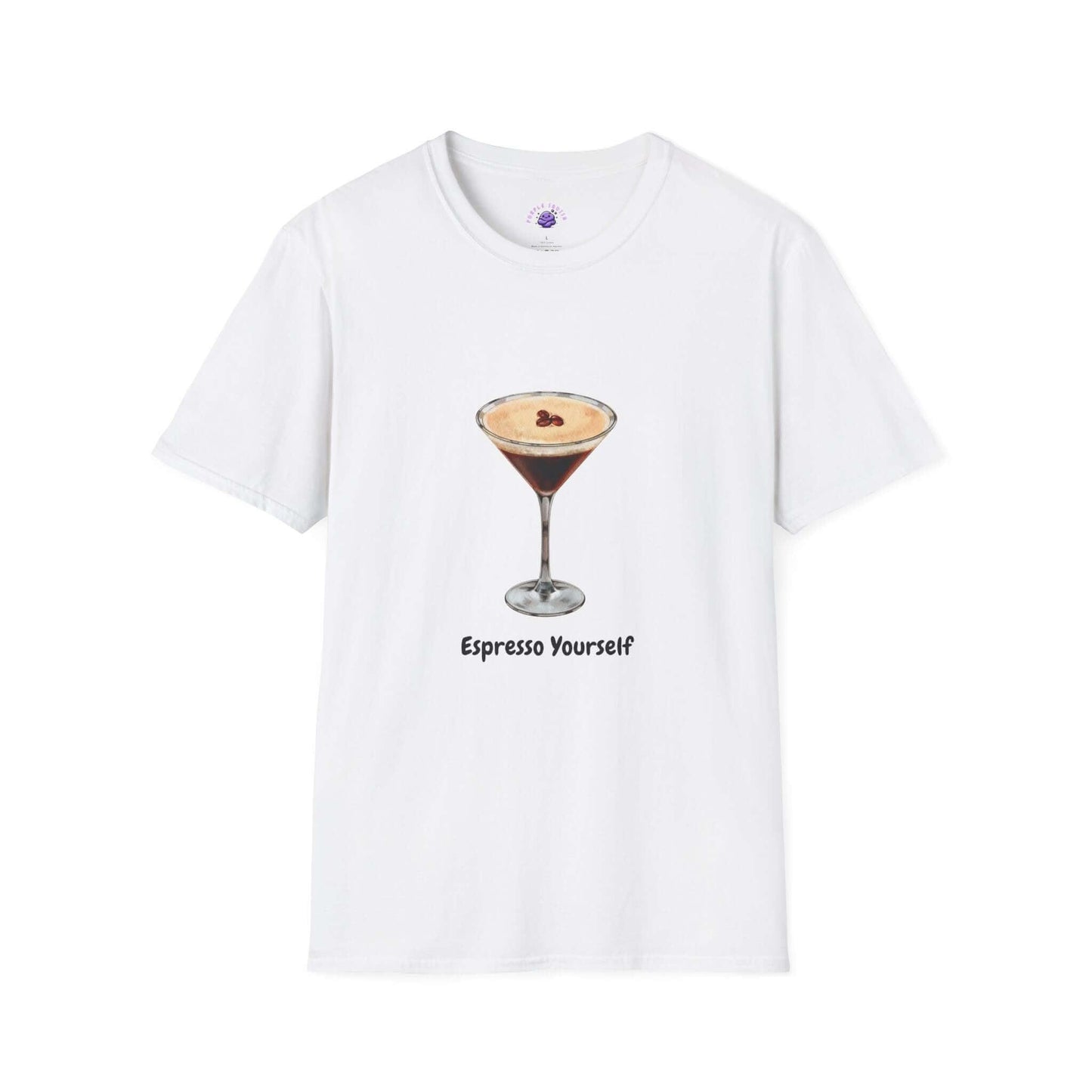 Women's unisex funny t-shirt with espresso martini graphic and 'Espresso Yourself' text in white, soft 100% cotton.