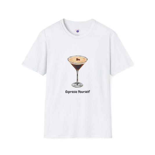 Women's unisex funny t-shirt with espresso martini graphic and 'Espresso Yourself' text in white, soft 100% cotton.