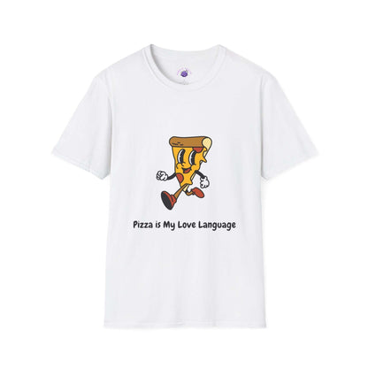 Funny women's t-shirt with 'Pizza is My Love Language' and cartoon pizza graphic, perfect for foodies seeking humor and comfort.