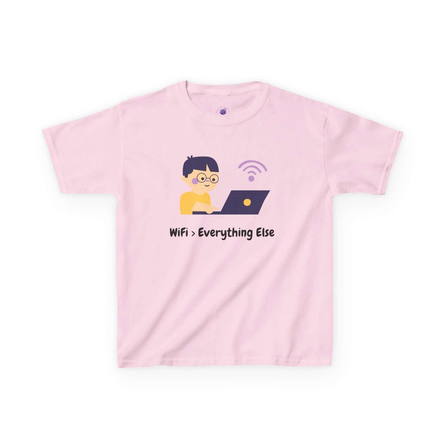 Kids funny t-shirt with 'Wifi > Everything Else' design featuring a cartoon child using a laptop. Ideal for casual wear.